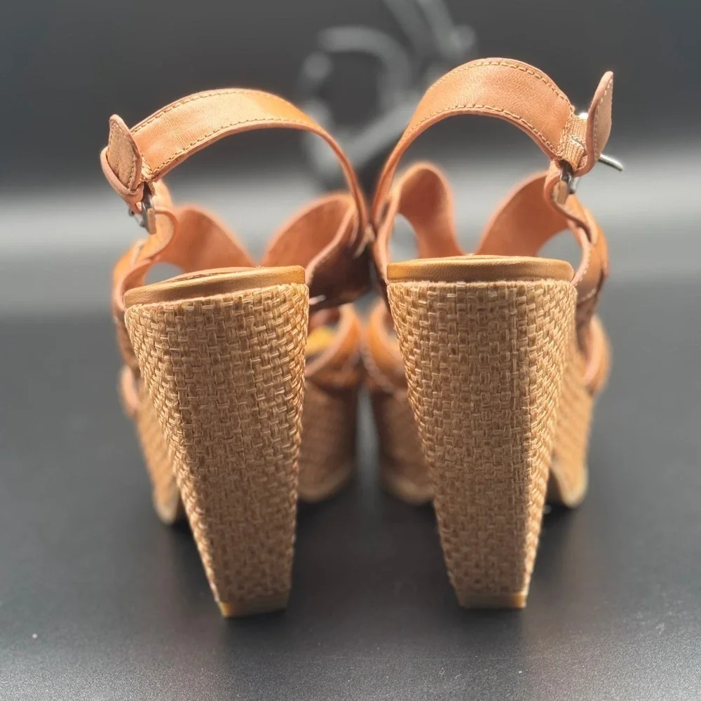Biala Wedge Sandals Womens Tan Leather Woven Platform T-Strap Buckle Heel
